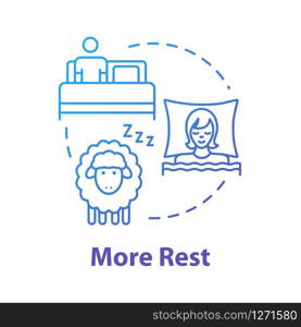 More rest concept icon. Sleep in bedroom. Personal relaxation. Comfortable nap. Count sheeps in bedroom. Asleep person idea thin line illustration. Vector isolated outline RGB color drawing