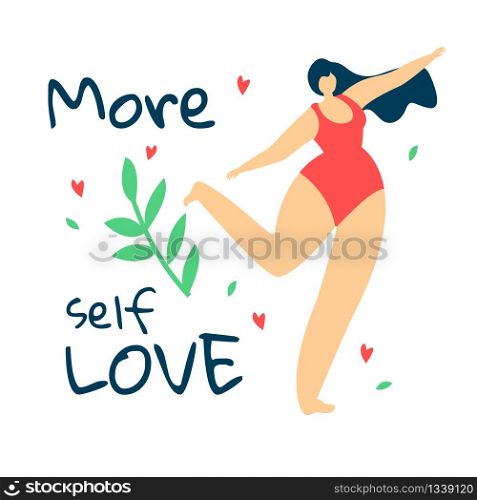 More Self Love. Body Positive Movement. Attractive Overweight Woman with Long Hair Dressed in Red Swimwear Dance on White Background with Green Brunch and Leaves. Cartoon Flat Vector Illustration.. Attractive Overweight Woman in Red Swimwear Dance