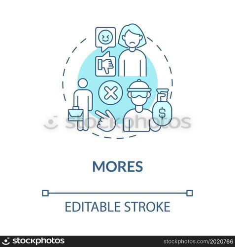 Mores blue concept icon. Moral norms, participation with culture rules and rights. Social engagement abstract idea thin line illustration. Vector isolated outline color drawing. Editable stroke. Mores blue concept icon