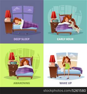Morning Awakening 2x2 Design Concept. Morning awakening 2x2 design concept with cartoon compositions with young girl from deep sleep to wake up flat vector illustration