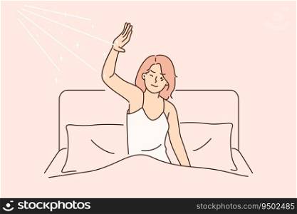 Morning awakening of woman dissatisfied with sun rays that interfere with sleep in bed. Girl sleeping in bed in bedroom wakes up due to bright sun and lack of curtains blocking sunlight. Morning awakening of woman dissatisfied with sun rays that interfere with sleep in bed