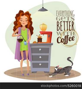 Morning Awakening With Cup Of Coffee . Morning awakening cartoon vector illustration with young girl pouring coffee into cup coffee machine and cat