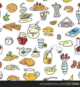 Morning breakfast doodle. colored sketch. seamless pattern set. Morning breakfast doodle colored seamless pattern set. sketch, objects isolated on white. Bread, butter, snack, food, milk, toast, jam, cereal, coffee, croissant donut drink sugar tea For menu tag