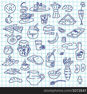 Morning breakfast doodle on squared paper. sketch. Morning breakfast sketch doodle vector set on note paper. Bread, butter, snack, food, milk, toast, jam, cereal, coffee, croissant, donut, drink sugar tea egg For menu cafe restaurant stickers