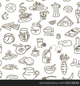 Morning breakfast doodle pattern. sketch. Morning breakfast doodle vector pattern. sketch, objects isolated on white. Bread, butter, snack, food, milk, toast, jam, cereal, coffee croissant donut drink sugar tea For menu stickers tags