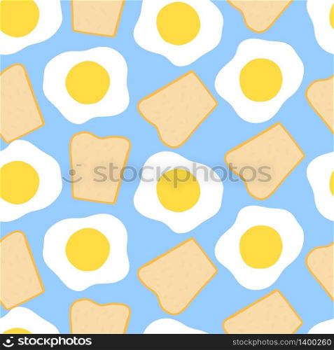 Morning breakfast seamless pattern with fried eggs and toast. Cartoon illustration on blue background. Vector background for textile scrapbooking, wallpaper design. Vector morning breakfast seamless pattern with scrambled eggs. Cartoon illustration on blue background.