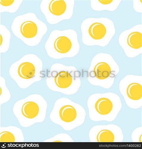 Morning breakfast seamless pattern with fried eggs. Cartoon illustration on blue background. Vector background for textile scrapbooking, wallpaper design. Vector morning breakfast seamless pattern with scrambled eggs. Cartoon illustration on blue background.