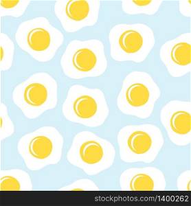 Morning breakfast seamless pattern with fried eggs. Cartoon illustration on blue background. Vector background for textile scrapbooking, wallpaper design. Vector morning breakfast seamless pattern with scrambled eggs. Cartoon illustration on blue background.