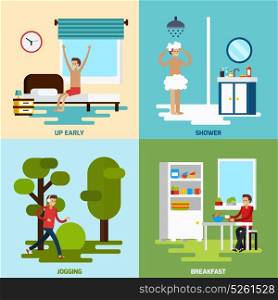 Morning Character Icon Set. Four square morning character icon set with up early shower jogging and breakfast descriptions vector illustration