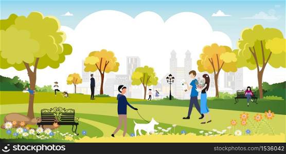 Morning City lifestyle of people in Summer time, Happy family having fun and enjoying in city park,Graphic eco environment day. Vector cute cartoon for Spring or Summer banner