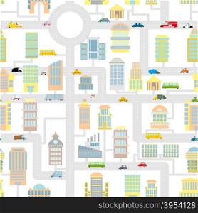 Morning city seamless pattern. Texture Cartoon cute map for baby tissue. Business buildings and vehicles. Roads and cars. Industrial background of modern metropolis. Skyscrapers and public real estate.