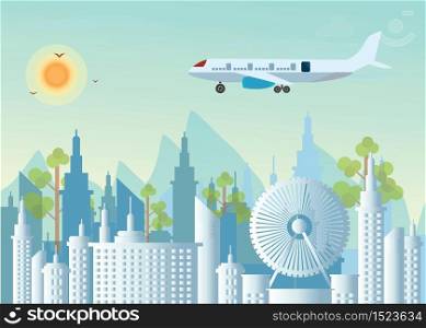 Morning city skyline on city view background and mountains, Buildings silhouette cityscape with Plane flying over urban city, flat design Vector illustration