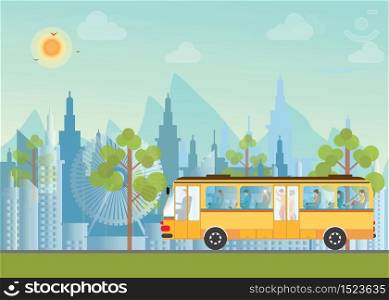Morning city skyline on city view background and mountains, Buildings silhouette cityscape with passenger in public bus, flat design Vector illustration.