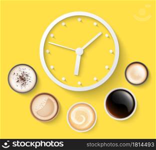 Morning coffee. Alarm clock, top view energy drink cups. Espresso americano cappuccino and latte, good day cafe vector poster. Dial clock coffee plan illustration. Morning coffee. Alarm clock, top view energy drink cups. Espresso americano cappuccino and latte, good day cafe vector poster