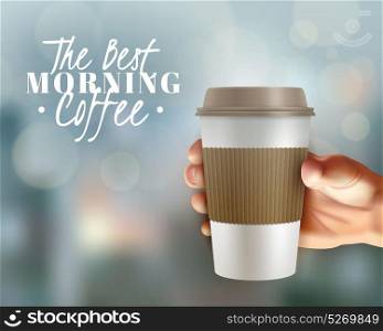 Morning Coffee Background. Morning coffee realistic background with hand and coffee cover vector illustration