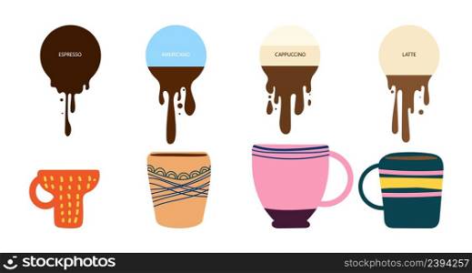 Morning coffee. Different drinks balance, espresso, americano, cappuccino and latte. Boho style cups and mugs and liquid banners, cafe or bakery vector stickers. Illustration of coffee cup beverage. Morning coffee. Different drinks balance, espresso, americano, cappuccino and latte. Boho style cups and mugs and liquid banners, cafe or bakery vector stickers