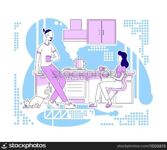 Morning coffee flat silhouette vector illustration. Man and woman in kitchen drink tea. Family recreation inside home. Couple outline characters on blue background. Weekend simple style drawing. Morning coffee flat silhouette vector illustration