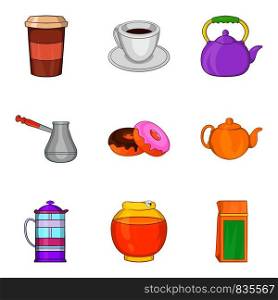 Morning coffee icon set. Cartoon set of 9 morning coffee vector icons for web design isolated on white background. Morning coffee icon set, cartoon style