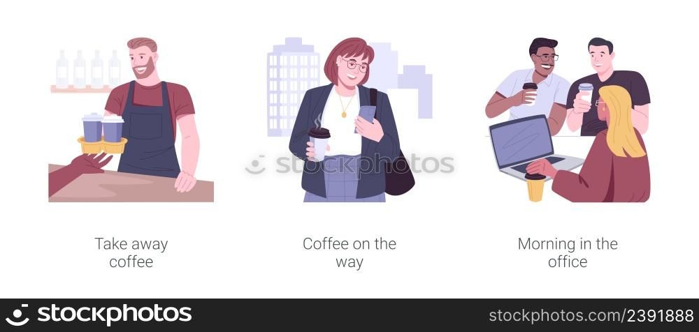Morning coffee isolated cartoon vector illustration set. Barista gives takeaway cup to client, drinking coffee on the way, small business, happy colleagues having break in office vector cartoon.. Morning coffee isolated cartoon vector illustrations set.