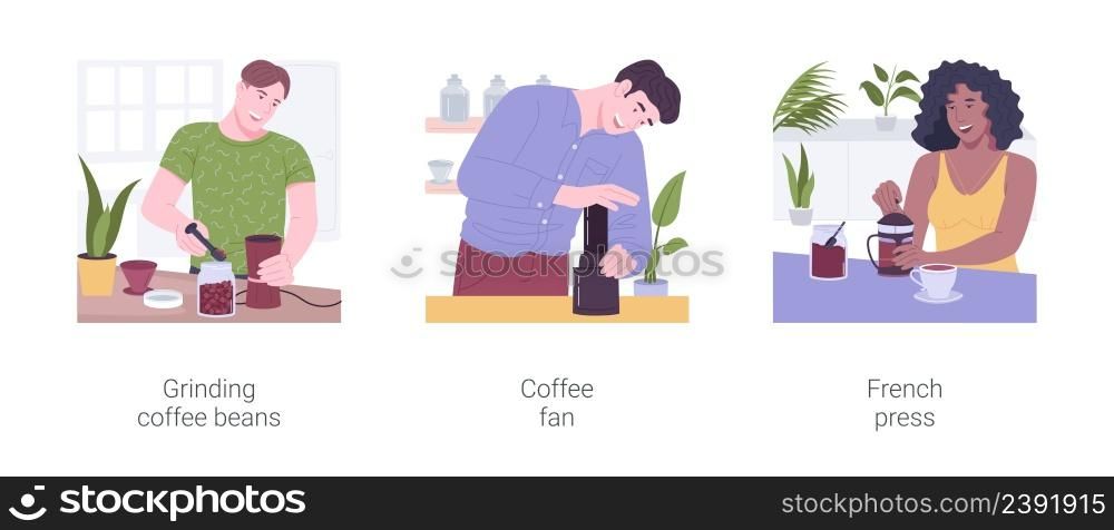 Morning coffee isolated cartoon vector illustrations set. Grinding coffee beans, espresso lover, home kitchen appliances, brewing with aero press, making hot drink with French press vector cartoon.. Morning coffee isolated cartoon vector illustrations set.