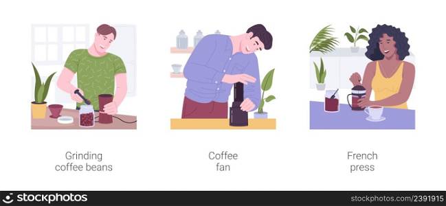Morning coffee isolated cartoon vector illustrations set. Grinding coffee beans, espresso lover, home kitchen appliances, brewing with aero press, making hot drink with French press vector cartoon.. Morning coffee isolated cartoon vector illustrations set.