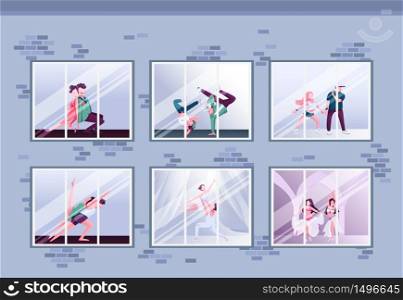Morning dance class flat color vector illustration. Hip hop and ballet. Group practice. Dancers training in windows. Fun activity 2D cartoon characters inside with interior on background. Morning dance class flat color vector illustration