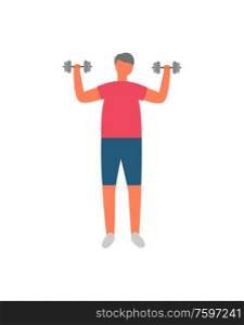 Morning exercise and sport, man with dumbbells vector. Weight lifting, fitness training, sporting equipment and healthy lifestyle, isolated male character. Man with Dumbbells, Morning Exercise and Sport