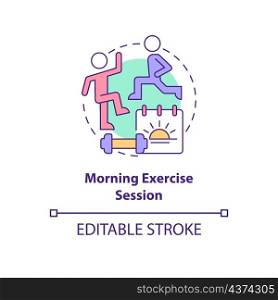 Morning exercise session concept icon. Active day beginning abstract idea thin line illustration. Isolated outline drawing. Editable stroke. Roboto-Medium, Myriad Pro-Bold fonts used. Morning exercise session concept icon