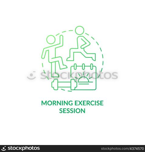Morning exercise session green gradient concept icon. Positive day beginning abstract idea thin line illustration. Isolated outline drawing. Roboto-Medium, Myriad Pro-Bold fonts used. Morning exercise session green gradient concept icon