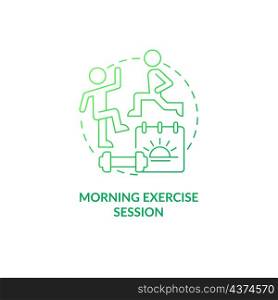 Morning exercise session green gradient concept icon. Positive day beginning abstract idea thin line illustration. Isolated outline drawing. Roboto-Medium, Myriad Pro-Bold fonts used. Morning exercise session green gradient concept icon