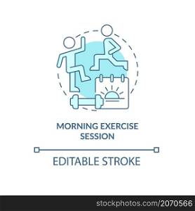 Morning exercise session turquoise concept icon. Active day starting abstract idea thin line illustration. Isolated outline drawing. Editable stroke. Roboto-Medium, Myriad Pro-Bold fonts used. Morning exercise session turquoise concept icon
