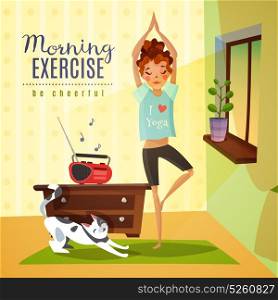 Morning Exercises Cartoon Composition. Morning awakening cartoon composition with young girl doing gymnastic fitness exercises to music flat vector illustration