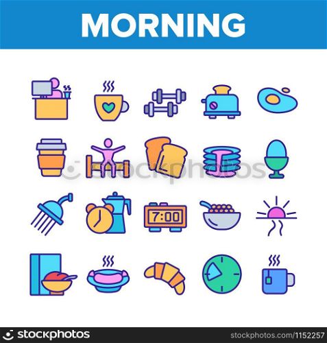 Morning Food And Tools Collection Icons Set Vector Thin Line. Morning Coffee Cup And Breakfast, Douche And Working Place, Sunrise And Clock Concept Linear Pictograms. Color Illustrations. Morning Food And Tools Collection Icons Set Vector