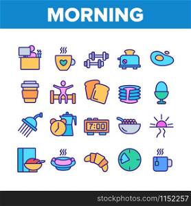 Morning Food And Tools Collection Icons Set Vector Thin Line. Morning Coffee Cup And Breakfast, Douche And Working Place, Sunrise And Clock Concept Linear Pictograms. Color Illustrations. Morning Food And Tools Collection Icons Set Vector