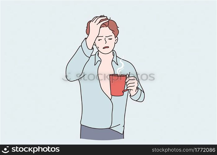 Morning hangover and flu concept. Sleepy guy cartoon character standing with tea cup having headache feeling insomnia cold and fever vector illustration. Morning hangover and flu concept