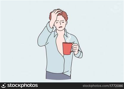 Morning hangover and flu concept. Sleepy guy cartoon character standing with tea cup having headache feeling insomnia cold and fever vector illustration. Morning hangover and flu concept