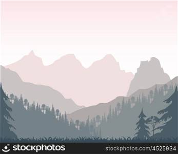 Morning in mountain. Wood and silhouettes of the distant mountains in the morning