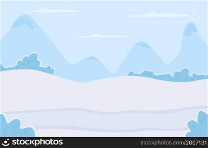 Morning in winter mountains flat color vector illustration. Scenic frozen land during daytime. Snow on wintry hills. Panoramic 2D cartoon landscape with ridges and peaks on background. Morning in winter mountains flat color vector illustration