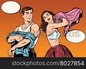 Morning man and woman dress up. Underwear pop art retro vector. Husband and wife get out of bed. Lovers and sex. Morning man and woman dress up. Underwear