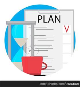 Morning planning with coffee icon vector. Checklist and hourglass illustration. Morning planning with coffee icon vector