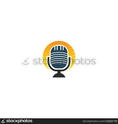 Morning podcast logo design. Unique logo vector microphone logo design with the sun.