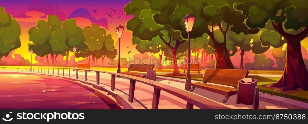 Morning riverside park lane with benches, light posts, green trees growing along river under fantastic colorful sky. Cartoon vector illustration of beautiful golden hour in public garden at dawn. Morning riverside park lane with benches