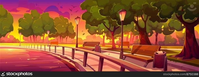 Morning riverside park lane with benches, light posts, green trees growing along river under fantastic colorful sky. Cartoon vector illustration of beautiful golden hour in public garden at dawn. Morning riverside park lane with benches