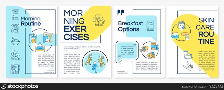 Morning routine blue and yellow brochure template. Life tips. Booklet print design with linear icons. Vector layouts for presentation, annual reports, ads. Questrial-Regular, Lato-Regular fonts used. Morning routine blue and yellow brochure template