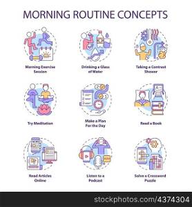 Morning routine concept icons set. Everyday rituals for productivity. Healthy habits idea thin line color illustrations. Isolated outline drawings. Roboto-Medium, Myriad Pro-Bold fonts used. Morning routine concept icons set