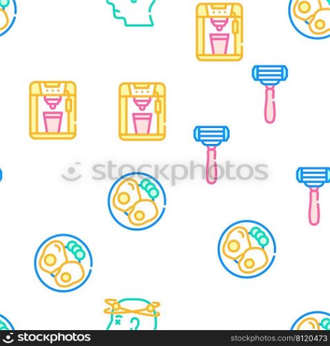Morning Routine Daily Vector Seamless Pattern Color Line Illustration. Morning Routine Daily Vector Seamless Pattern