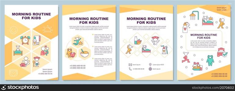 Morning routine for kids yellow brochure template. Day start. Booklet print design with linear icons. Vector layouts for presentation, annual reports, ads. Arial-Black, Myriad Pro-Regular fonts used. Morning routine for kids yellow brochure template