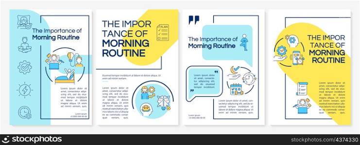 Morning routine importance blue and yellow brochure template. Booklet print design with linear icons. Vector layouts for presentation, annual reports, ads. Questrial-Regular, Lato-Regular fonts used. Morning routine importance blue and yellow brochure template