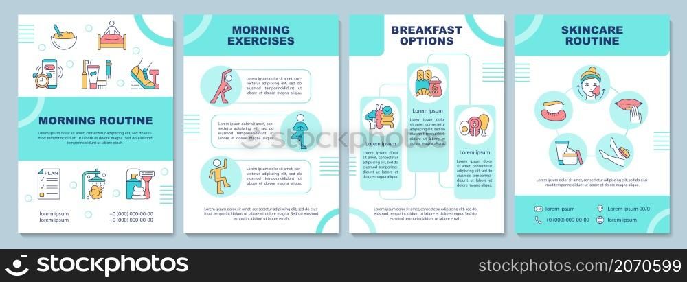 Morning routine mint brochure template. Healthy life tips. Booklet print design with linear icons. Vector layouts for presentation, annual reports, ads. Arial-Black, Myriad Pro-Regular fonts used. Morning routine mint brochure template