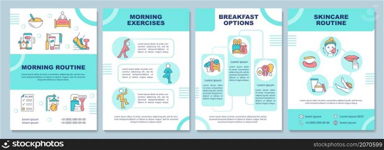 Morning routine mint brochure template. Healthy life tips. Booklet print design with linear icons. Vector layouts for presentation, annual reports, ads. Arial-Black, Myriad Pro-Regular fonts used. Morning routine mint brochure template
